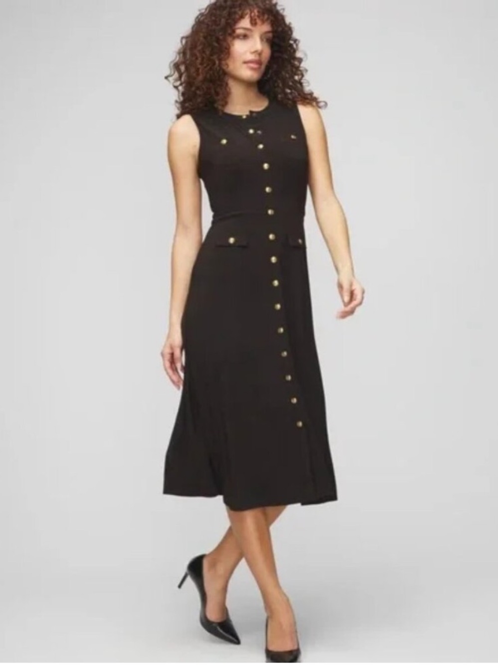 WHBM Sleeveless Matte Jersey Black Midi Dress with Crest Gold Buttons Size 4